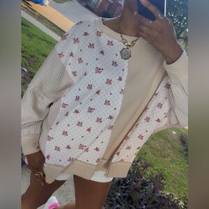 Floral Patchwork Colorblock Sweater Floral Patchwork Beige Sweater